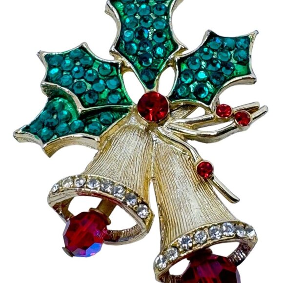 Beatrix Christmas Bells Brooch Pin Vintage Jewelry Green Holly Red Berry Sparkle - Picture 2 of 6